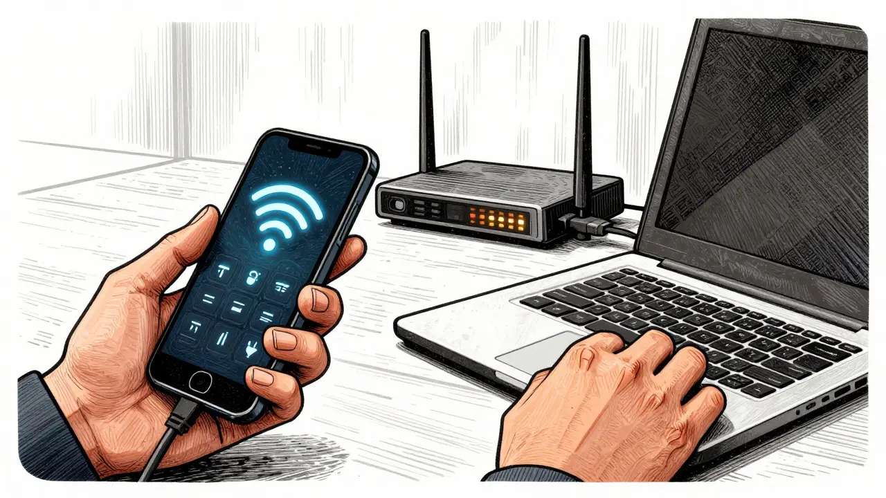 Ruce drží mobil s daty a kabel Ethernet, router se znovu zapíná.