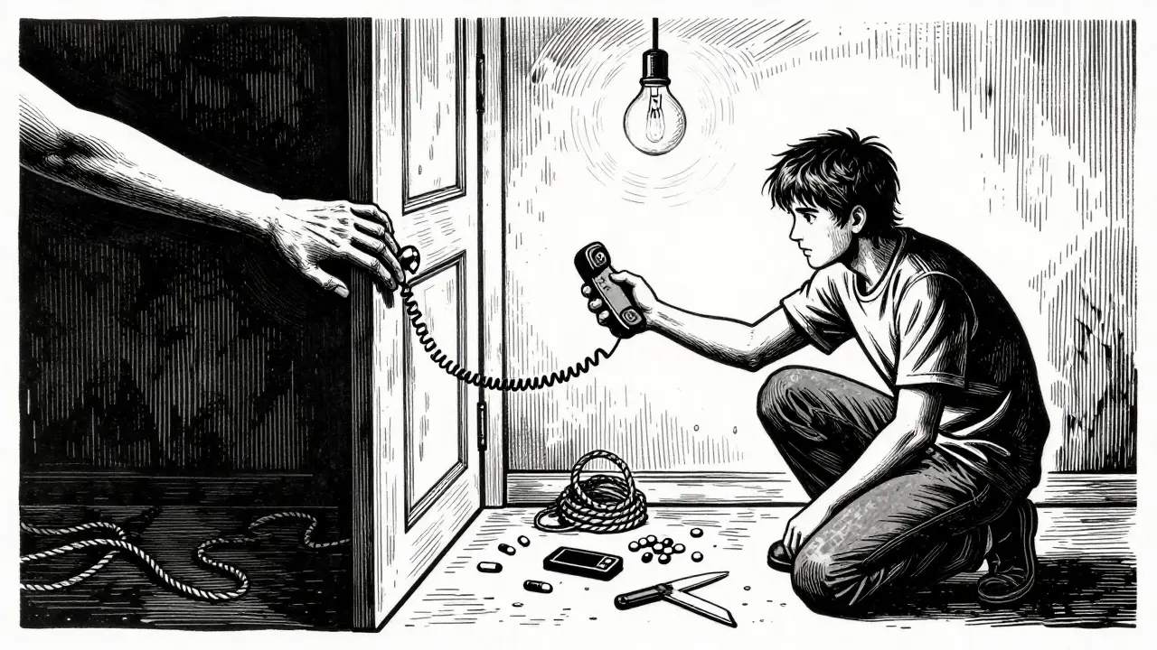 Ruka podává telefon člověku, který sedí mezi nebezpečnými předměty.