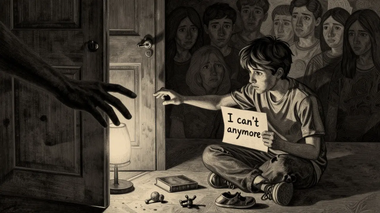 Ruka se táhne k dítěti, které drží list s výkřikem o pomoc, kolem něj roztroušené věci.