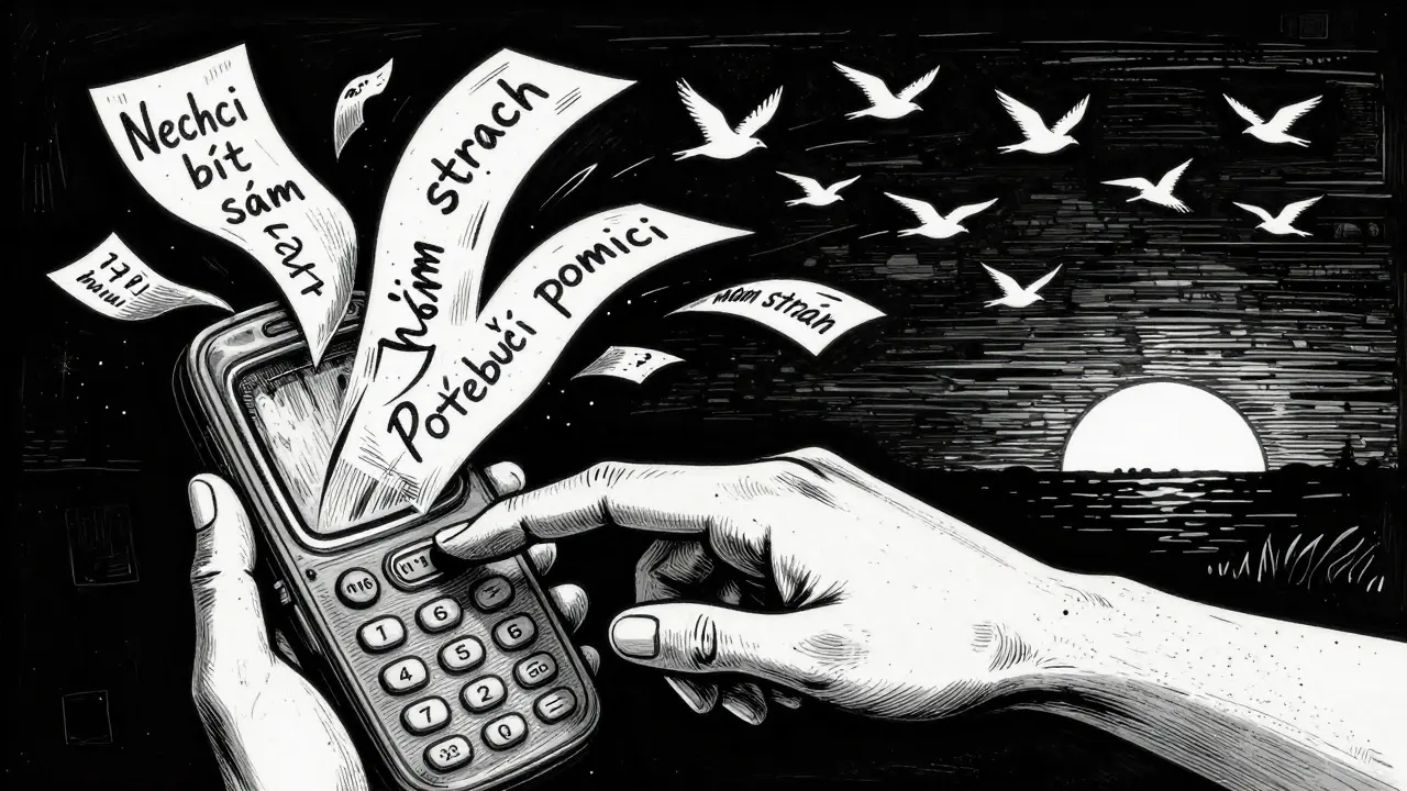 Ruka stiskne tlačítko bezplatné linky 116 000, zatímco listy s emocionálními výkřiky se mění v ptáky letící k východu slunce.