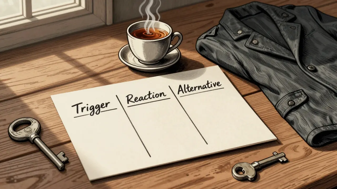 Rukou psaná krizová karta s třemi sloupci, vedle ní čaj a klíč na dřevěném stole.