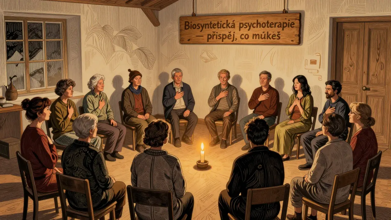 Skupina lidí se schází v kulturním centru na bezplatné psychoterapeutické setkání, v centru hoří svíčka.