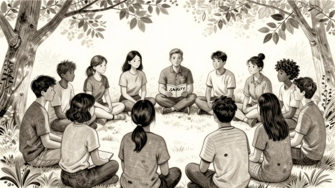 Skupina lidí se sešla pod stromem, jedna drží sešit s nápisem SAFETY.