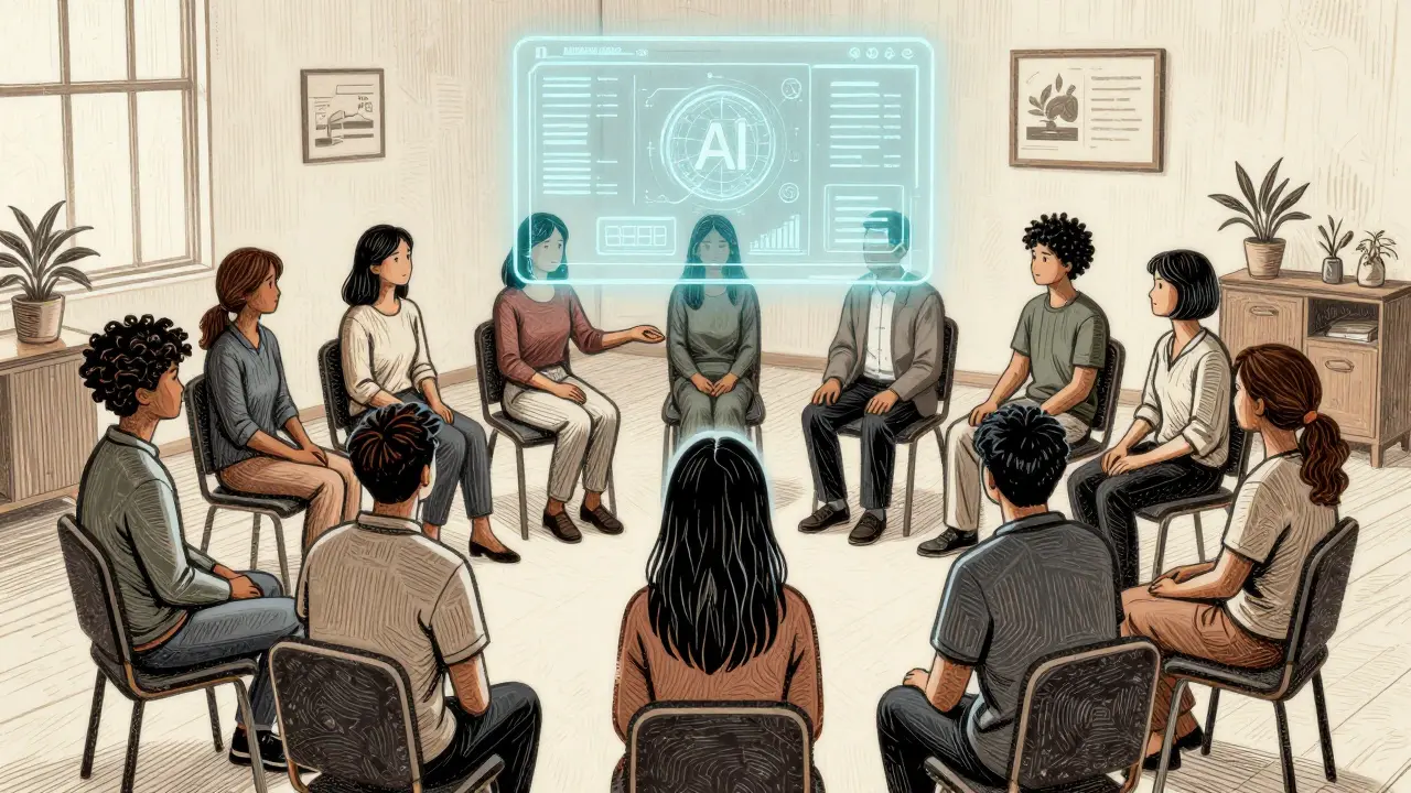 Skupina lidí v terapii, jedna žena drží ruku druhé, nad nimi průhledný AI rozhraní.
