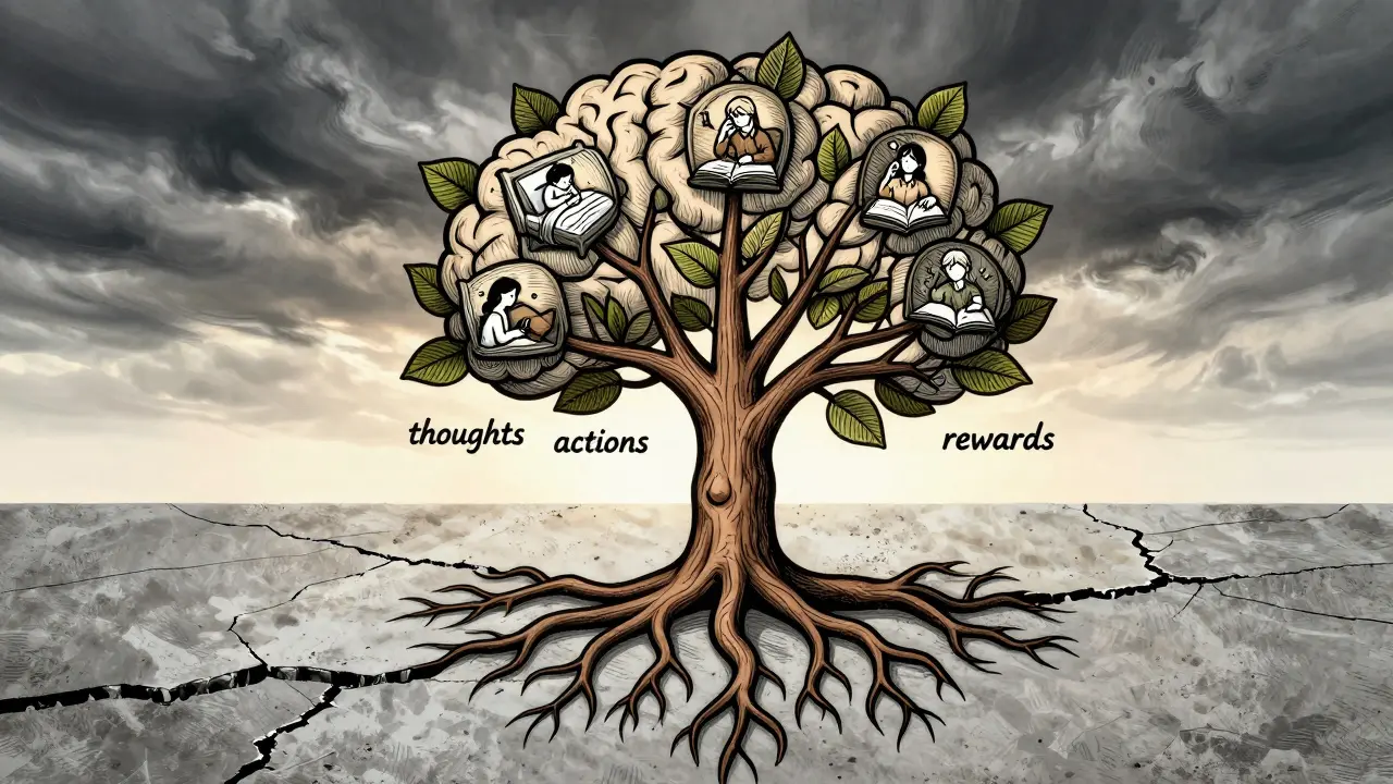 Strom roste z trhliny v betonu, kořeny tvoří mozek, větve představují změny myšlenek a chování při KBT.