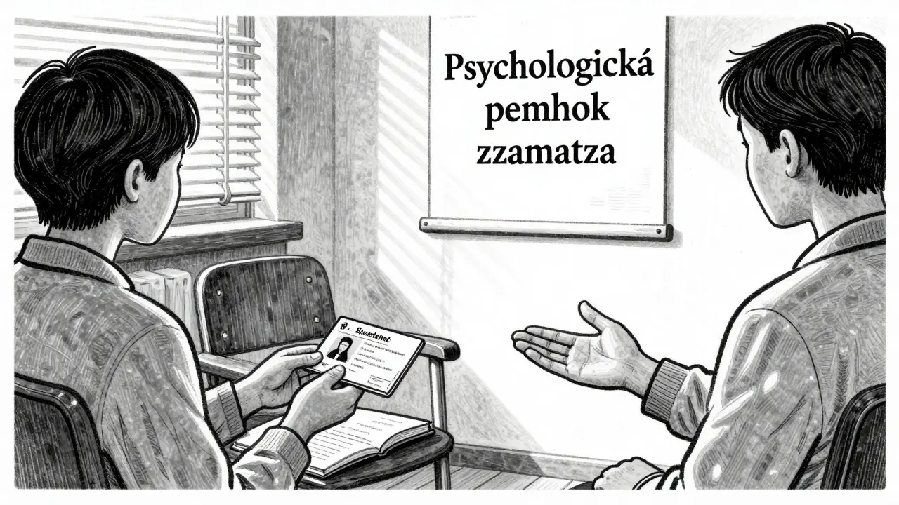 Student předává terapeutovi studijní průkaz v kanceláři univerzity.