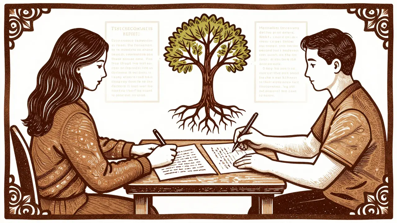 Terapeut a klient podepisují terapeutický kontrakt, strom s kořeny roste z dokumentu jako symbol důvěry.