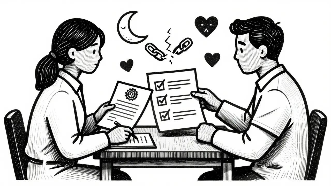 Terapeut a klient sedí u stolu, před nimi jsou záznamy cílů a symboly.