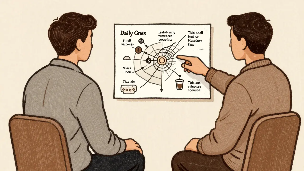 Terapeut a klient spolu sedí u stolu, kde mapují denní aktivity na papíře s symboly izolace a malých vítězství.