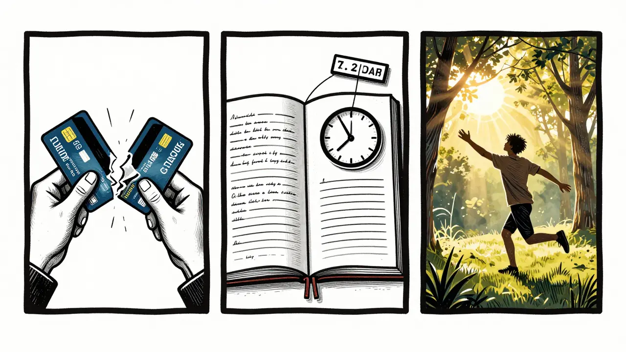 Tři scény terapie: zničené karty, deník a běžící osoba na světle.