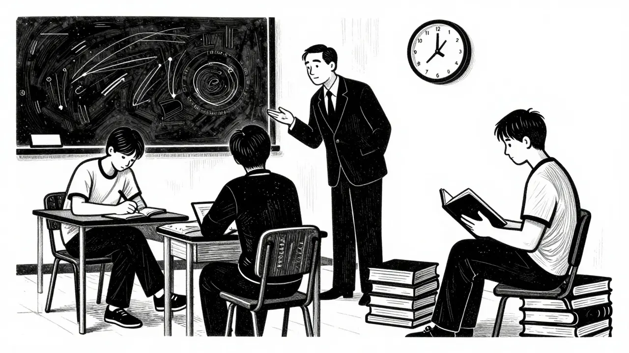 Tři studenti v učebně během dlouhého výcviku psychoterapie, s knihami a hodinami, znázorňující náročnost a samotu procesu.