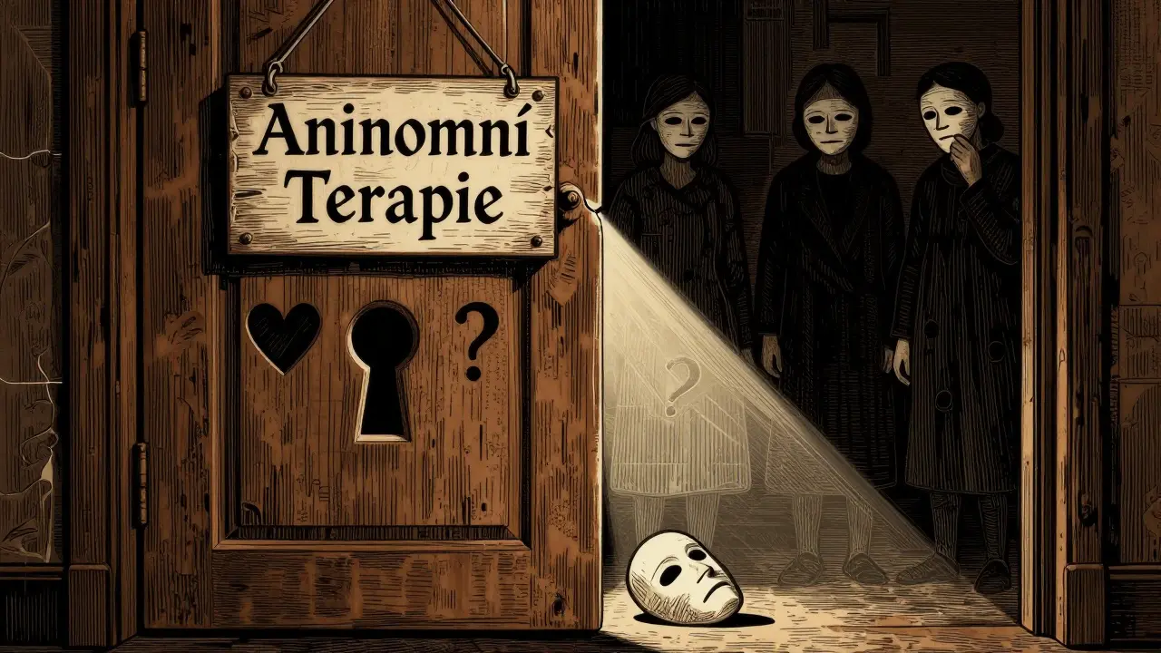 Zavřené dveře s nápisem 'Anonymní terapie', za nimi masky a světlo z štěrbiny.