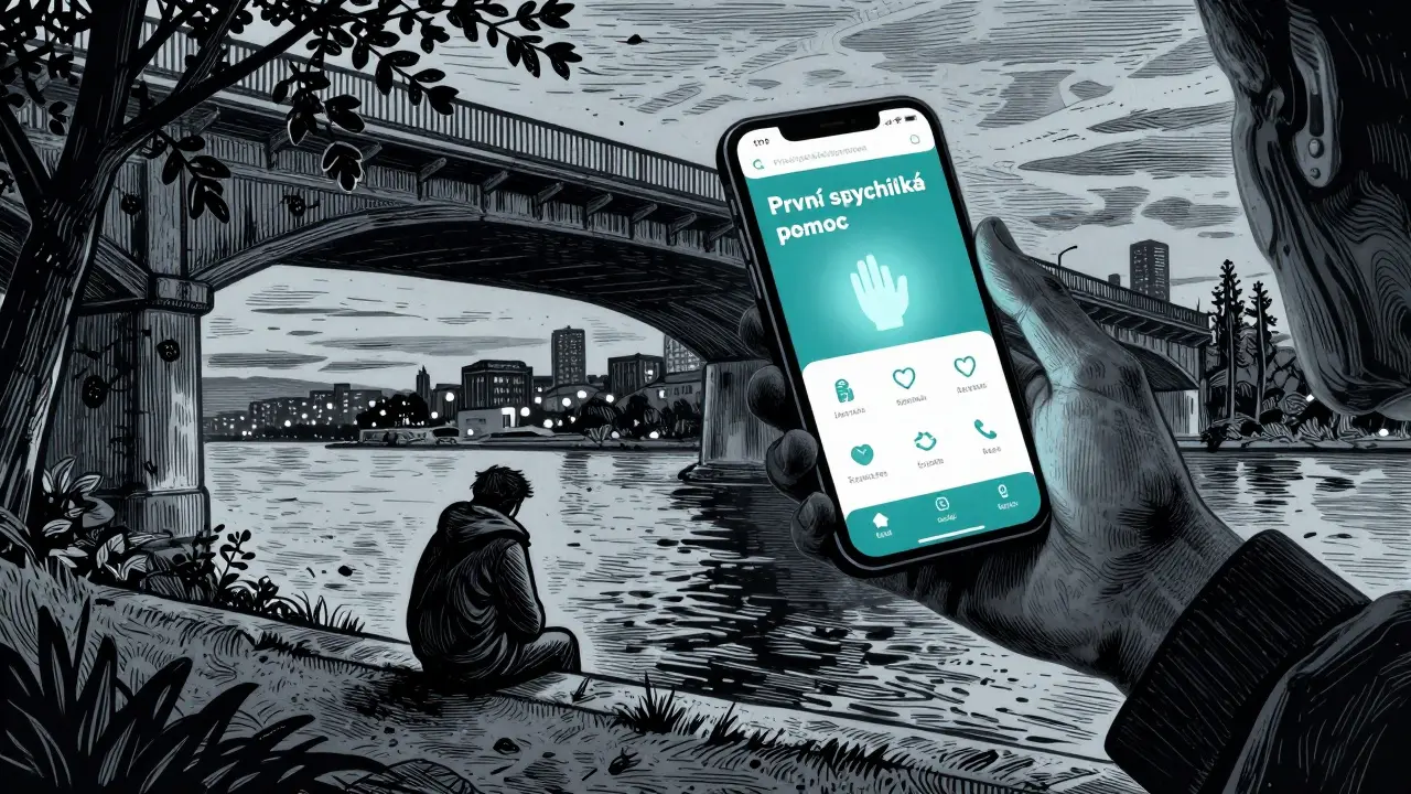 Člověk s mobilní aplikací stojí pod mostem, kde sedí osamělá osoba ve večerním světle.