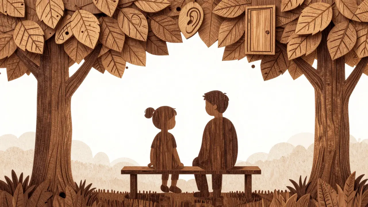 Dítě a terapeut sedí vedle sebe, jejich stíny se dotýkají, symbolizují bezpečí bez doteku.