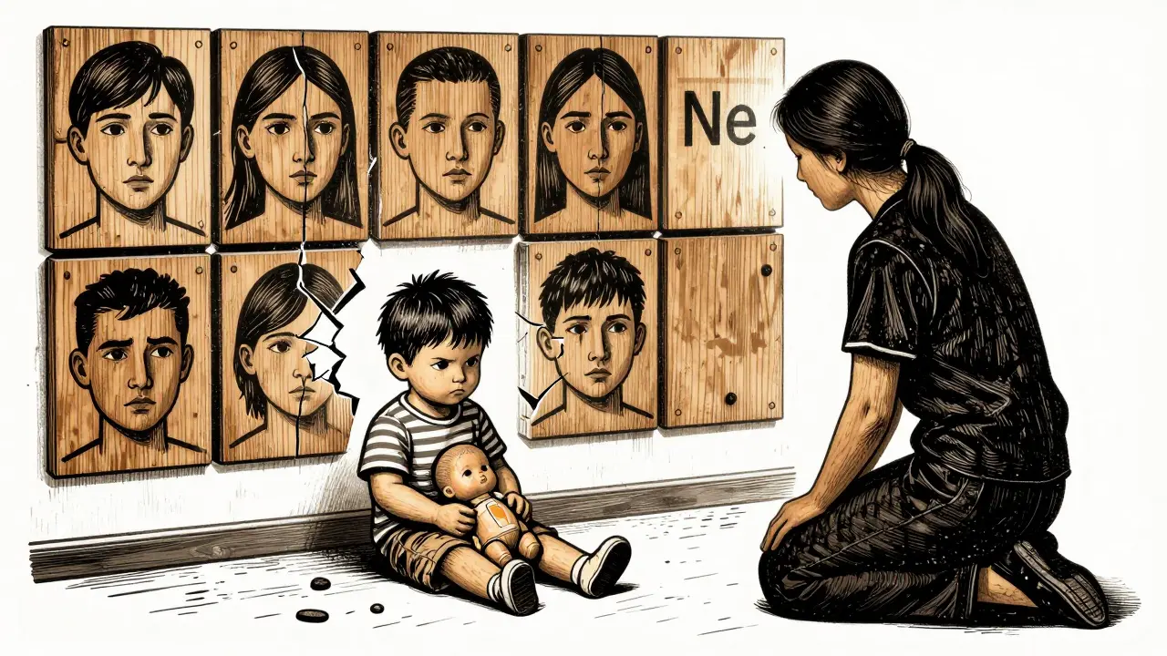 Dítě drží rozbitou hračku, terapeut nechává prostor, nezakazuje a nevnucuje.