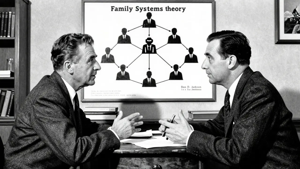 Dřevořezba Batesona a Jacksona diskutujících o rodinných systémech.