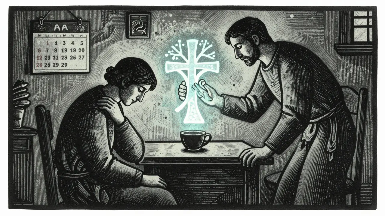 Dvě postavy v místnosti, jedna podporuje druhou, zatímco nad nimi plave symbol propojených rukou a stromu.