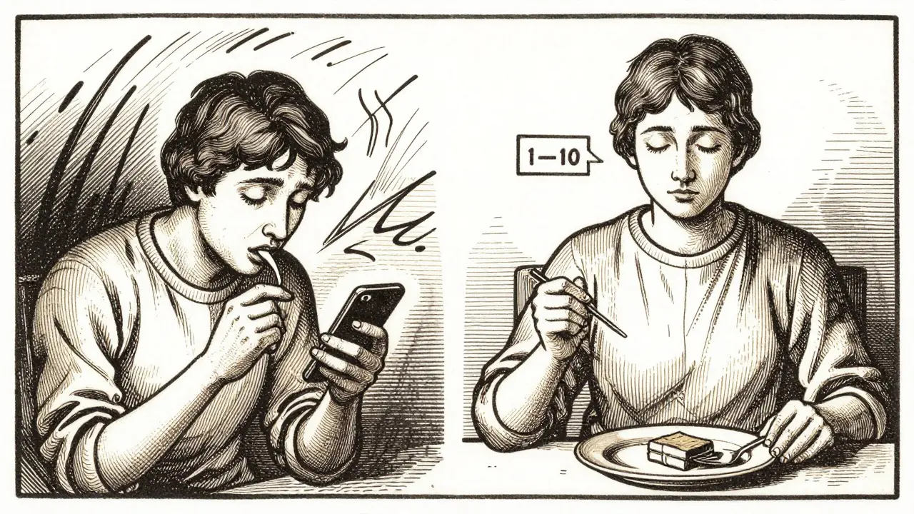 Dvě scény: jedna s distrakcí, druhá s vědomým jídlem a škálou hladu.