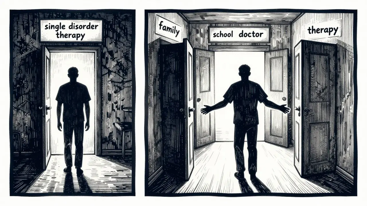 Dvě scény: jedna s izolací a jednou dveřmi, druhá s mnoha otevřenými cestami k integrativní péči.