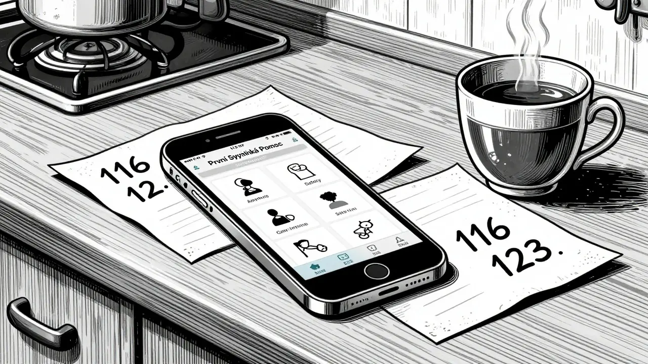 Mobil s aplikací pro mentální první pomoc na stole vedle čaje a telefonního čísla.