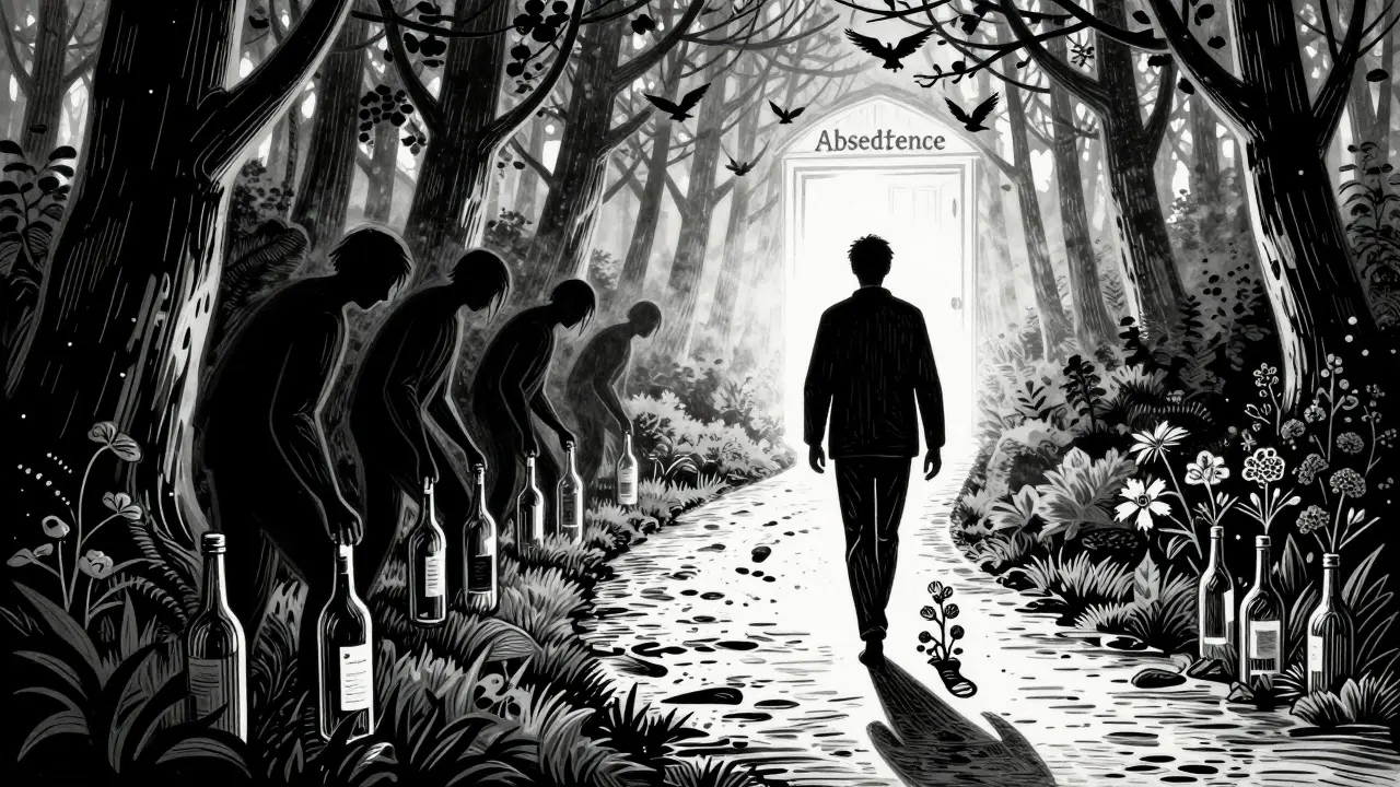 Muž kráčí lesní cestou, jeho stopy mění láhve v květy, za ním stíny, před ním světlo.