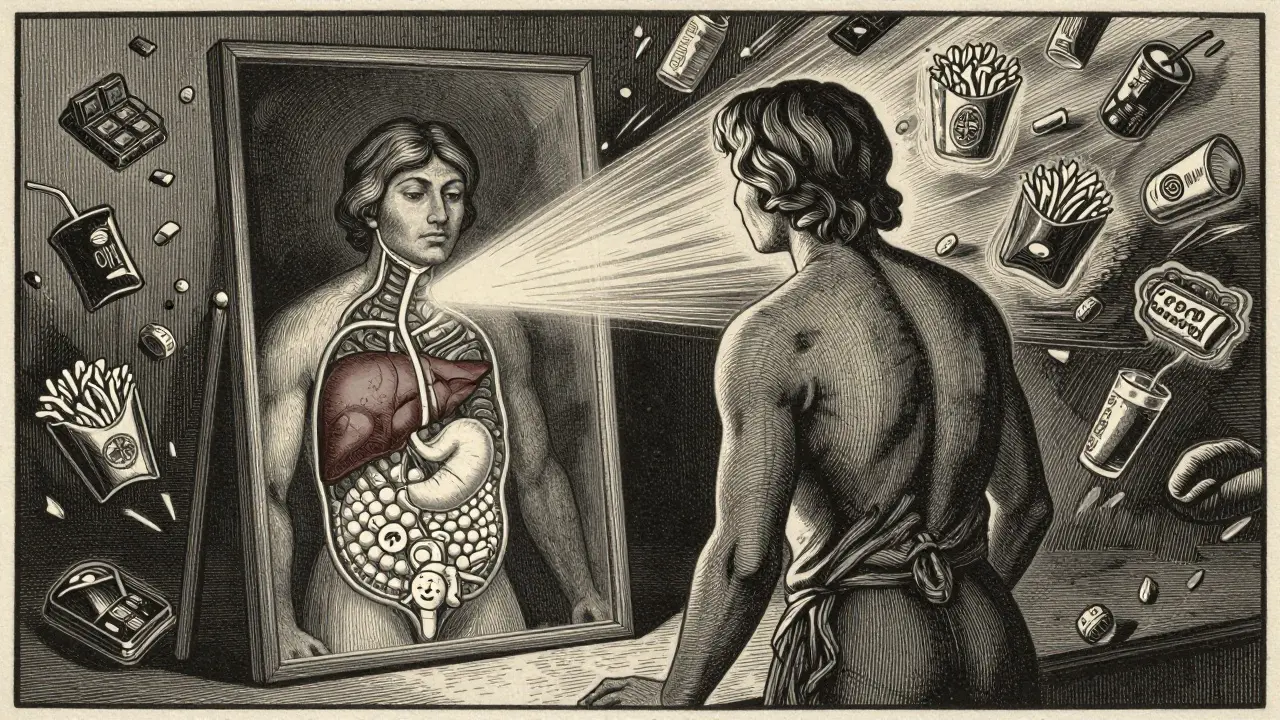 Osoba před zrcadlem, které ukazuje vnitřní tělesné signály, kolem ní šumění zpracovaná jídla.