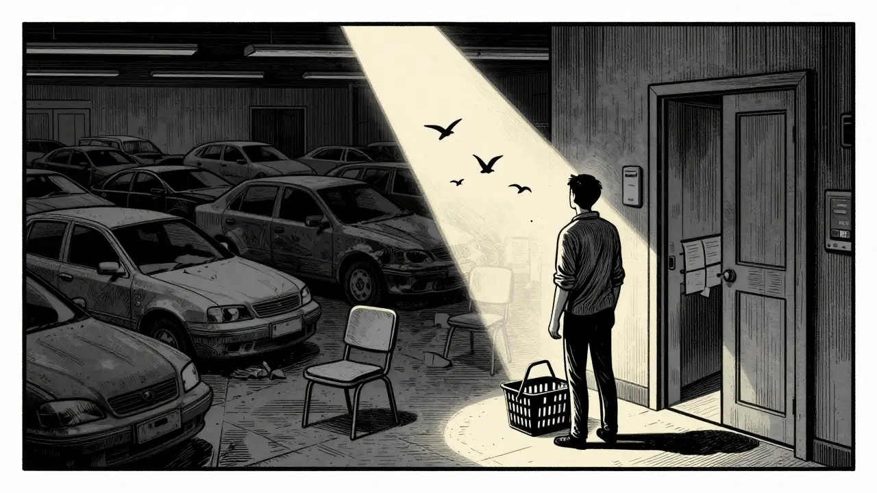 Osoba se rozhoduje vrátit se do supermarketu, symbolizující návrat k životu.