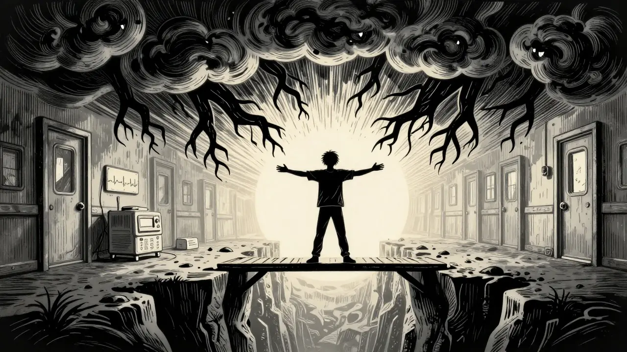 Osoba stojí na mostě, strach se mění v světlo, za ní zanikají lékařské přístroje a zavřené dveře.