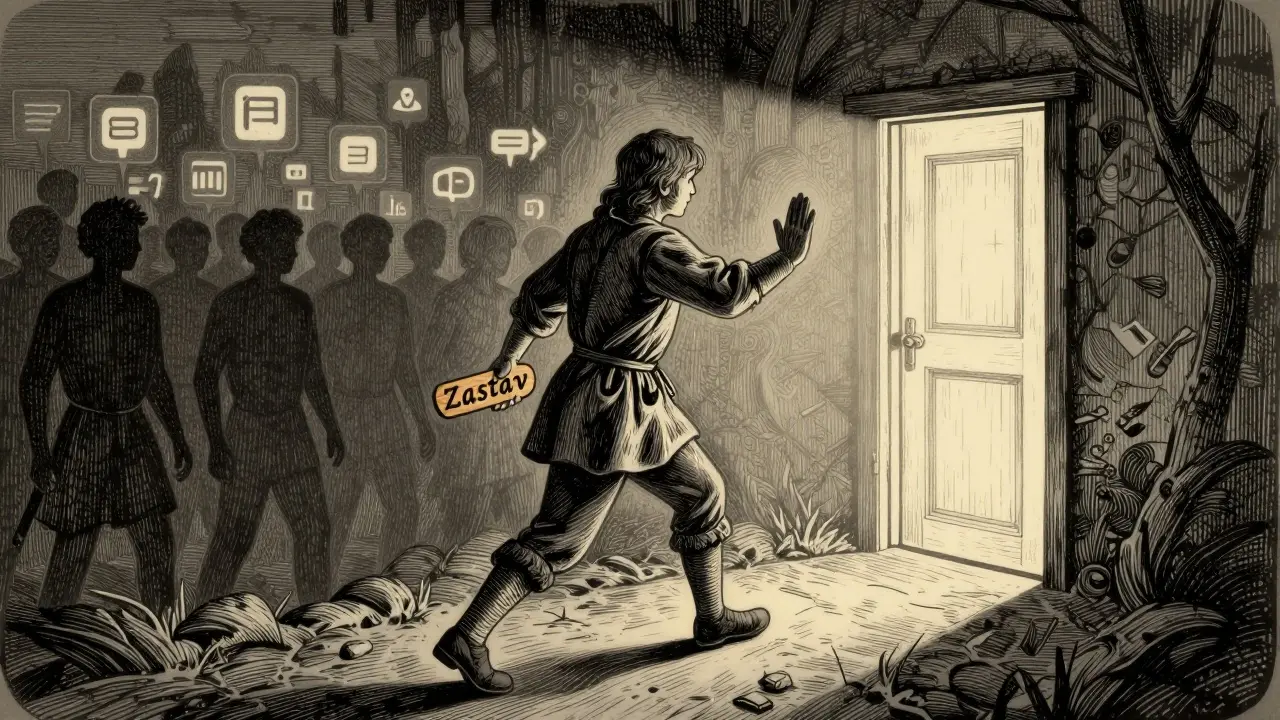 Osoba zastavuje se na cestě, drží dřevěný token s výzvou 'Zastav', za ní zanikají digitální ikony.