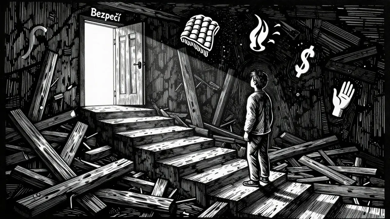 Postava stojí na prvním stupni schodiště, nad ní otevřená dveře s nápisem "Bezpečí".