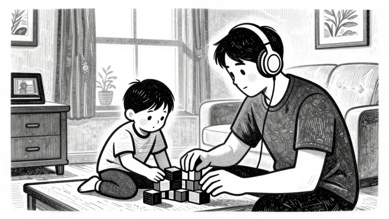Rodič s sluchátkem pozoruje dítě při stavění kostek.