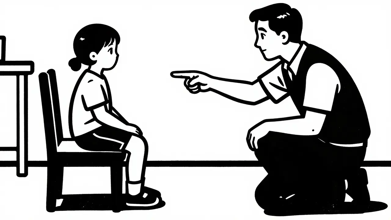 Rodič ukazuje dítěti na židli s jasným příkazem.