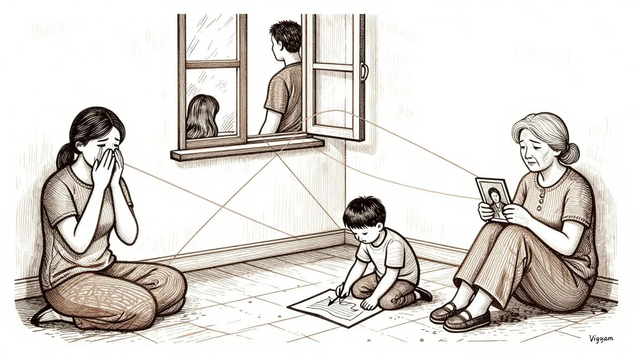 Rodina je rozdělená do různých částí místnosti, ale spojená vlnami dřeva.