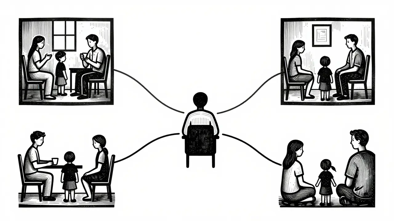 Rodina propojená čárami v různých místnostech s terapeutem.