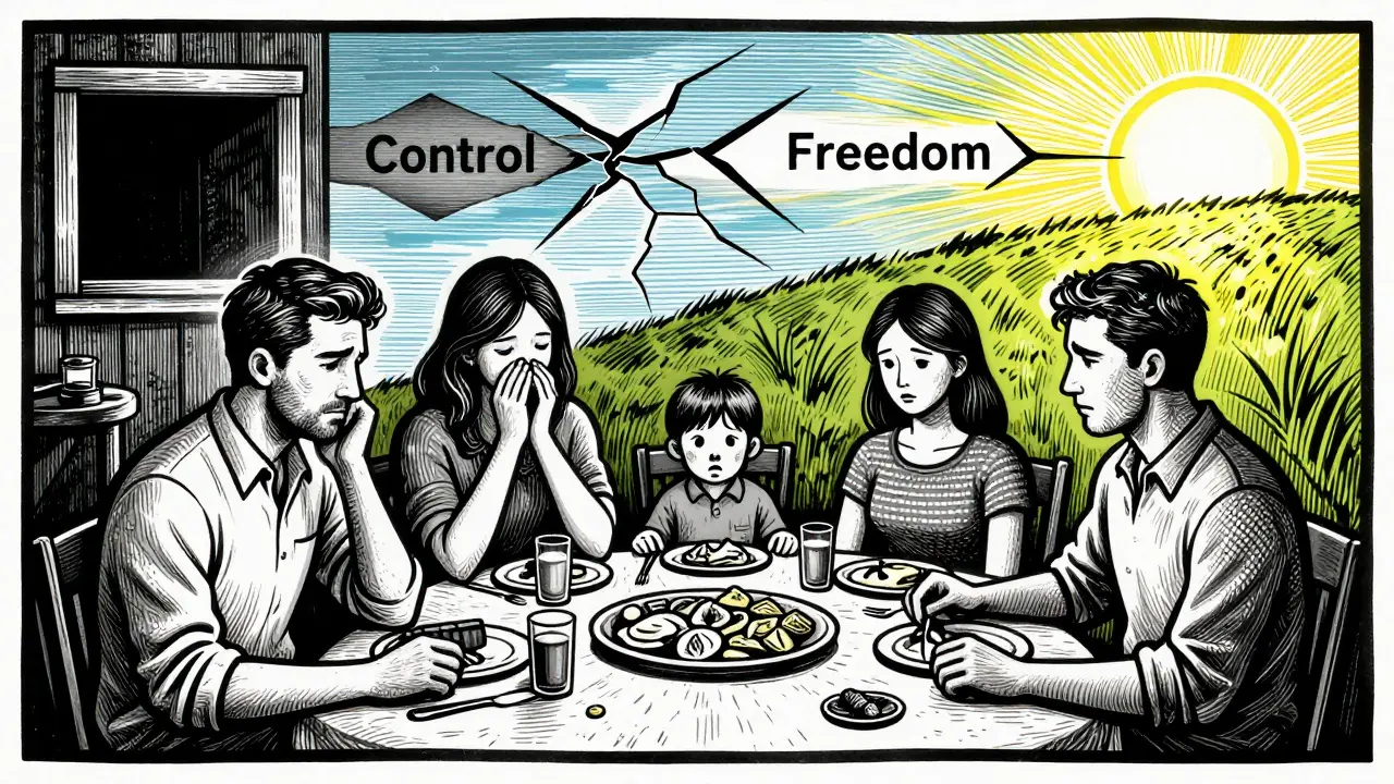 Rodina sedí u stolu, jídlo je nepožito, nad nimi se tyčí dvě cesty — kontrola nebo svoboda.