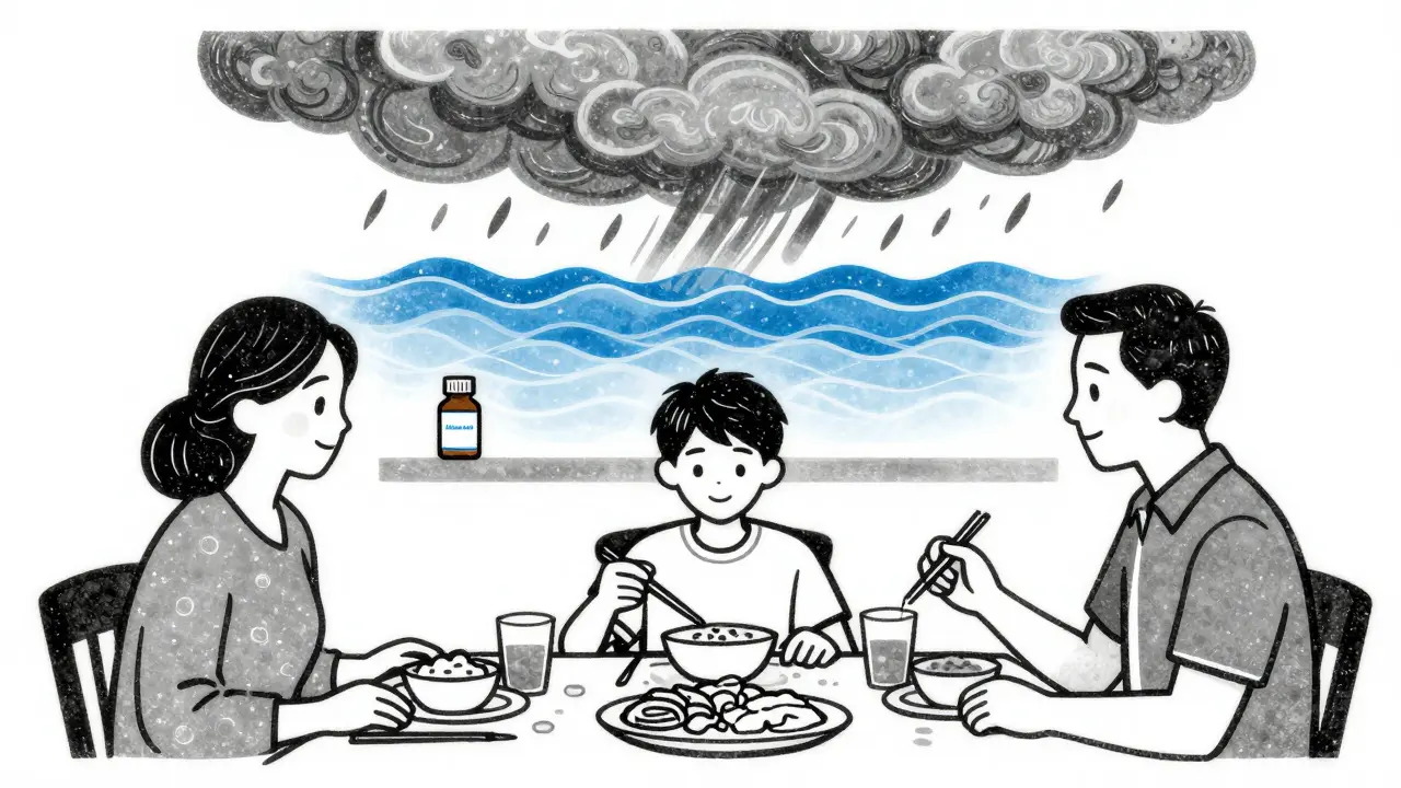 Rodina spolu večeří, zatímco v pozadí se klid v mysli dítěte postupně obnovuje.