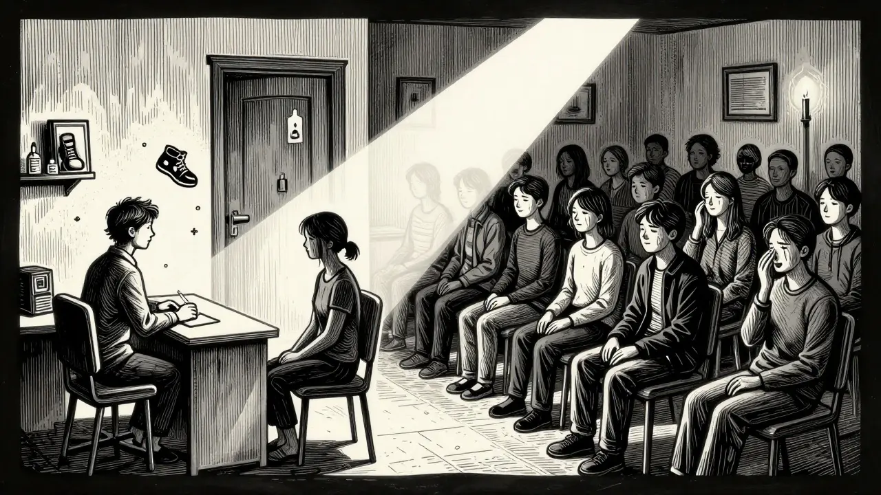 Rozdělená scéna: klinická terapie na jedné straně, schůzka AA na druhé, spojená paprskem světla.