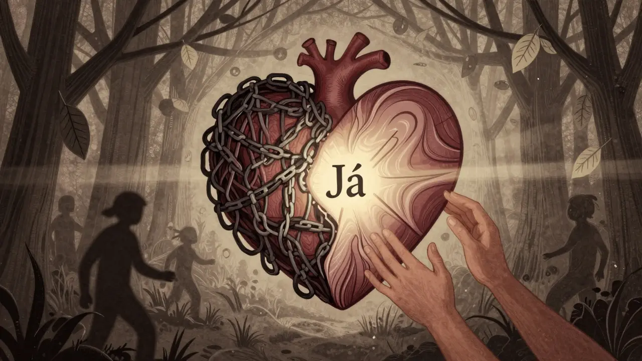 Rozdělené srdce: jedna polovina má řetězy, druhá polovina spojuje klidné já s teplým světlem.