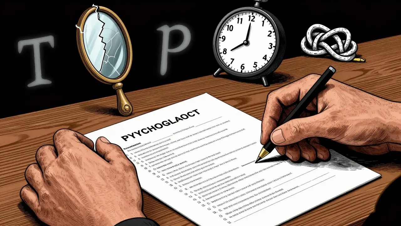 Ruce předávající dotazník s 30 otázkami, kolem nich symboly sebevědomí, času a traumatu ve dřevorytovém stylu.