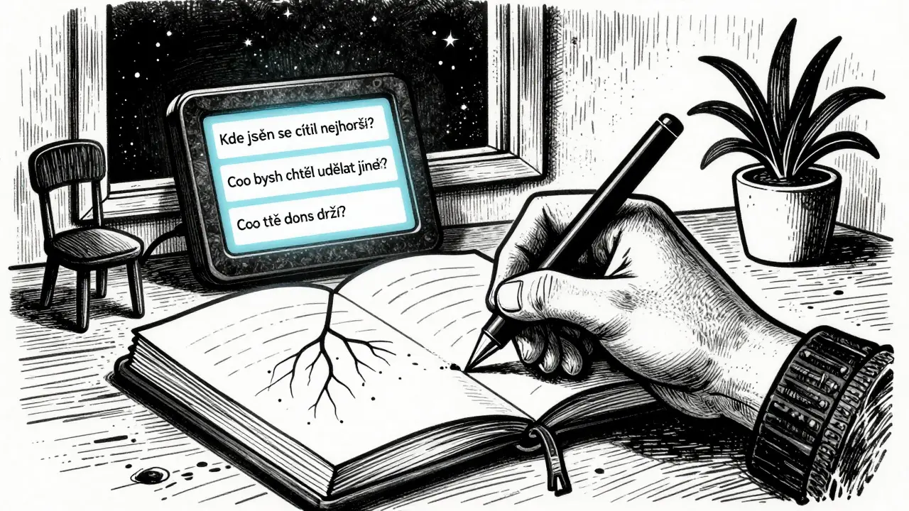 Ruka píše do deníku při světle lámpe, vedle ní slabě svítí mobil s otázkami o závislosti.
