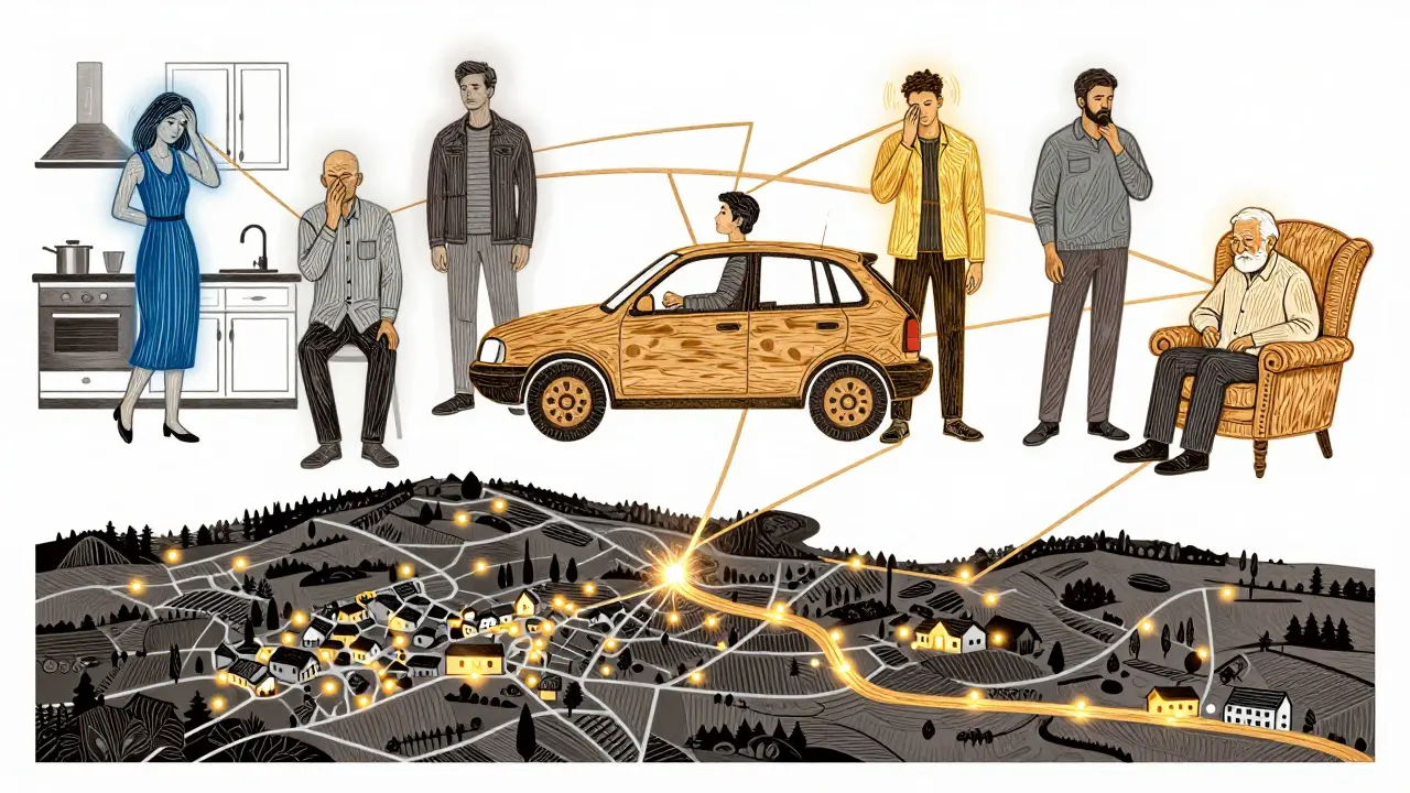 Různí lidé v různých prostředích spojeni světlými dřevěnými linkami, které tvoří síť přes mapu Česka, znázorňující přístupnost terapie.