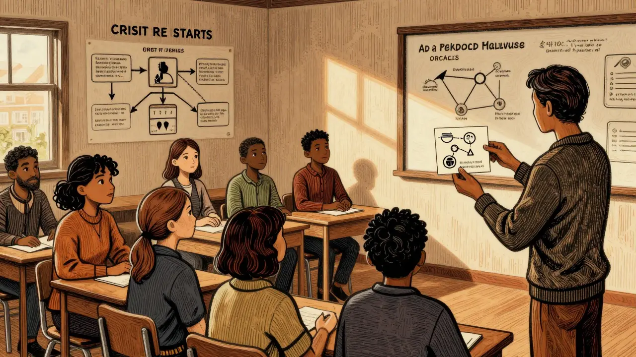 Skupina lidí na kurzu mentální první pomoci poslouchá instruktora s návodnými obrázky.