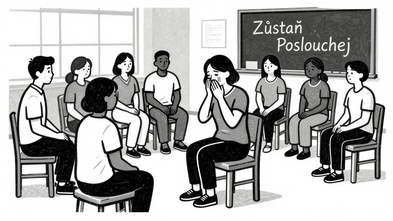 Skupina lidí se učí technikám mentální první pomoci v komunitním centru.