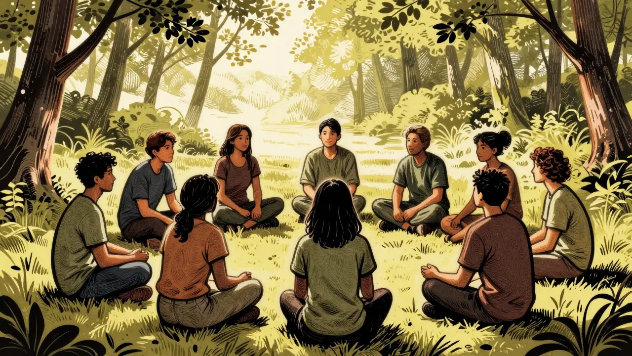 Skupina lidí v kruhu během terapeutického setkání