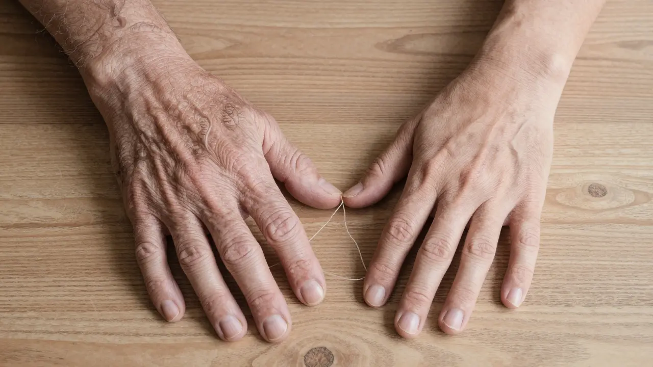 Stará a mladá ruka leží vedle sebe na dřevěné podložce, spojeny jemným světlem, symbolizují bezpečný dotek.