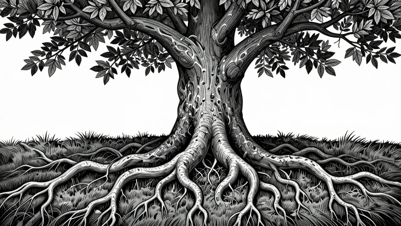 Strom s hlubokými kořeny a rozvětvenými větvemi