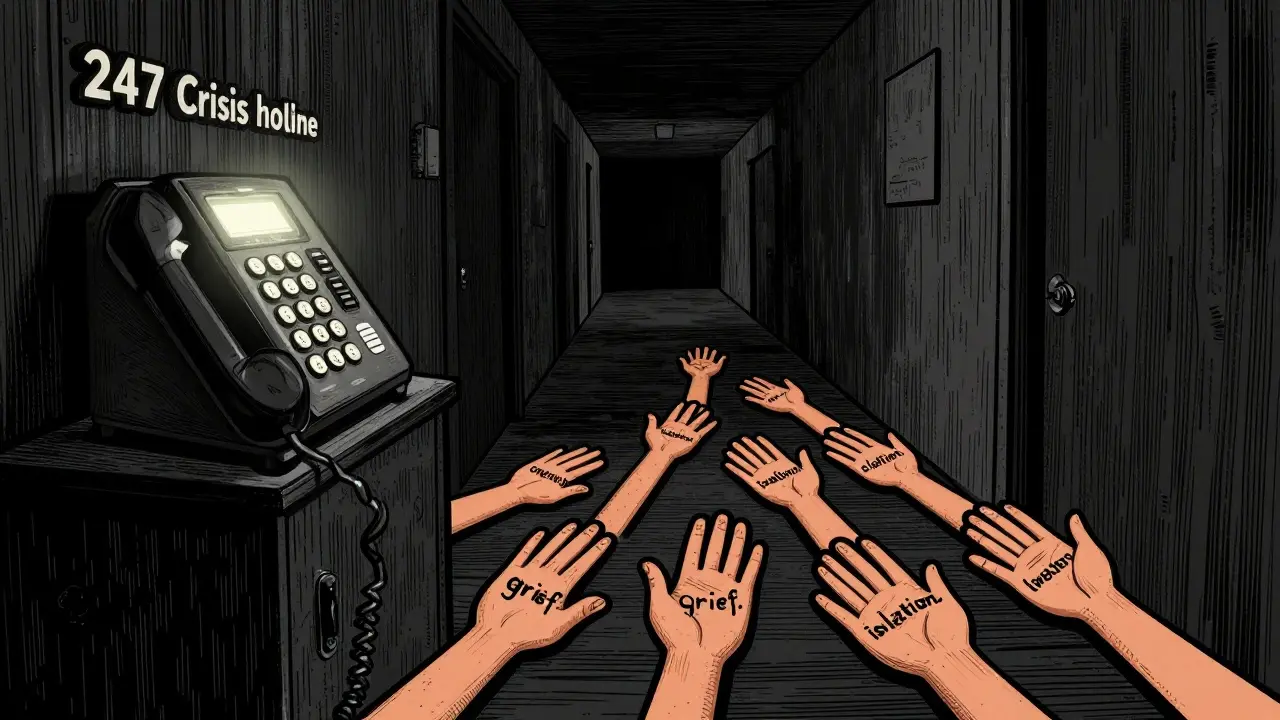 Telefonní linka v temné chodbě s řadou rukou, které k ní táhnou.