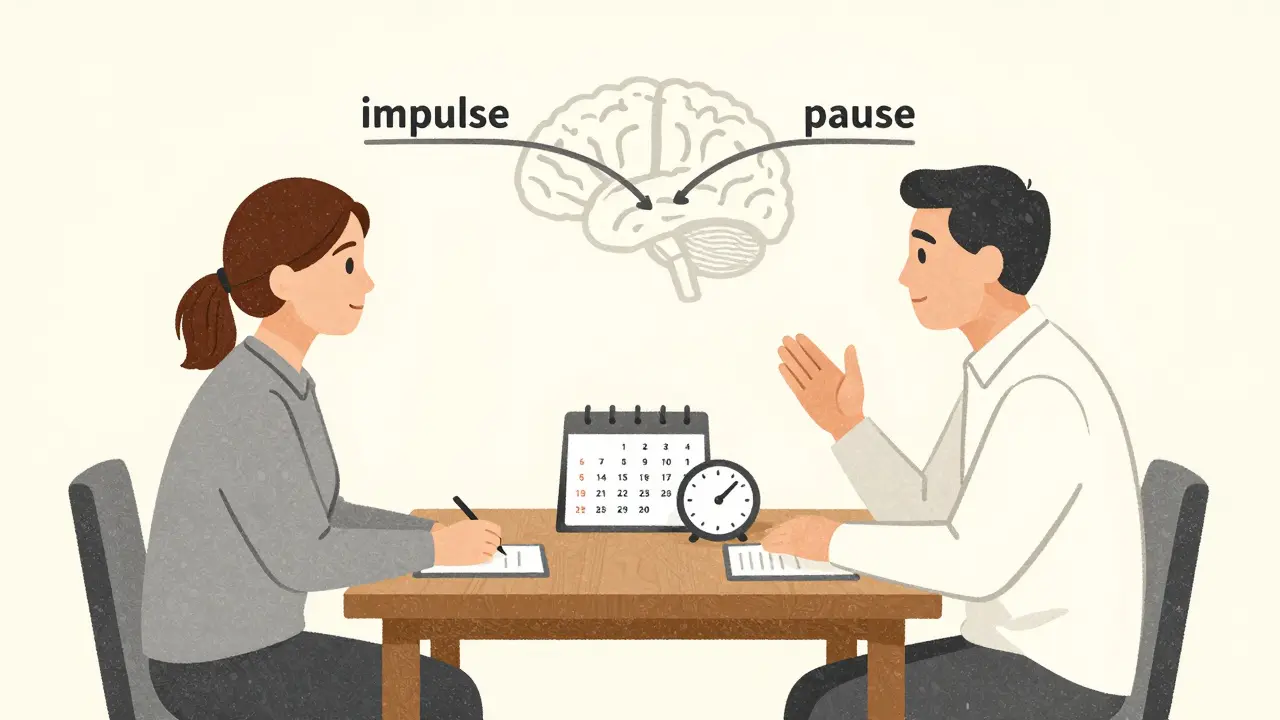 Terapeut a dospělý pacient hovoří o řízení impulsů, zatímco na stole leží kalendář s označenými týdny.