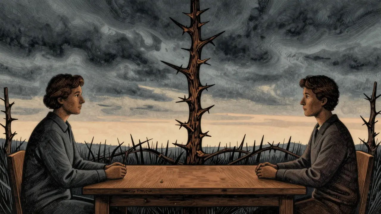 Terapeut a klient sedí na opačných koncích stolu, mezi nimi hřeben trní, za ním klidné ráno.