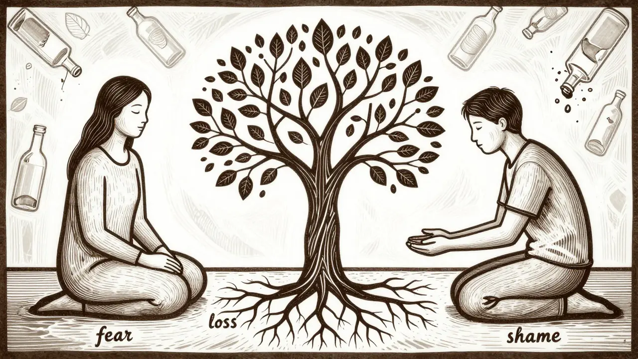 Terapeut a klient sedí spolu, jejich spojení je znázorněno jako strom s kořeny z emocí.